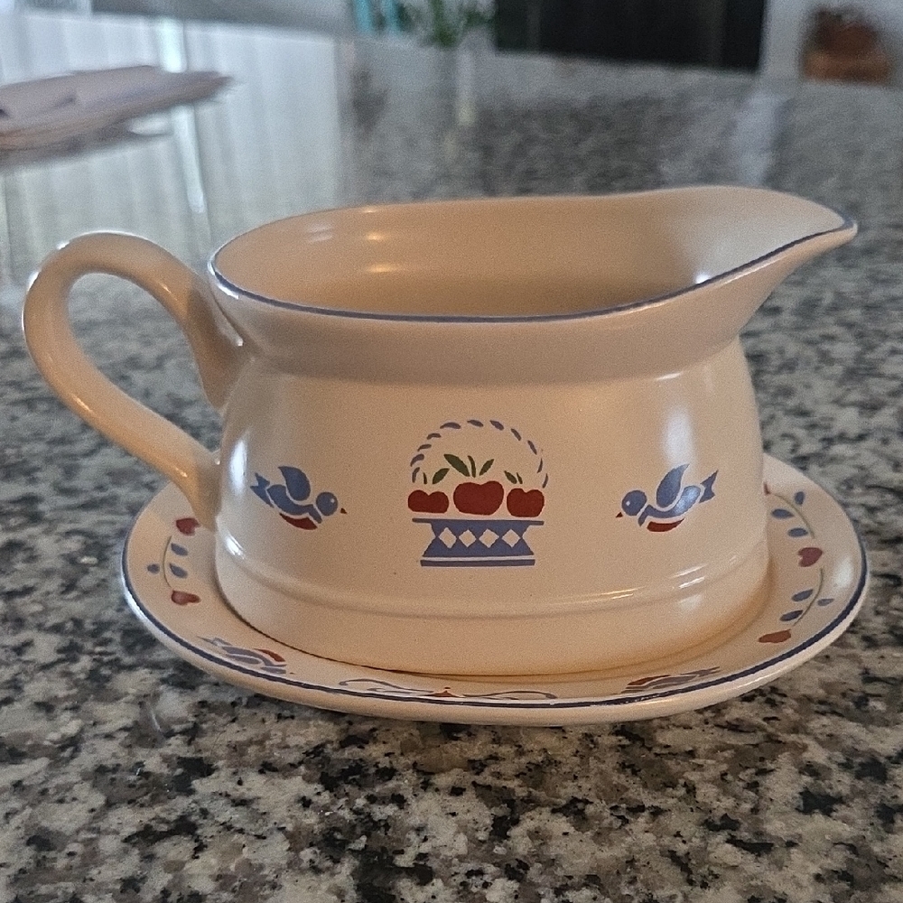Cream Ceramic Gravy Boat with Basket & Bird Motif - Blue & Red Accents